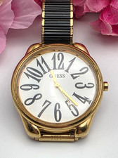 GUESS Ladies Watch 42mm Round White Dial Gold Tone Bezel Quartz Stretch Band