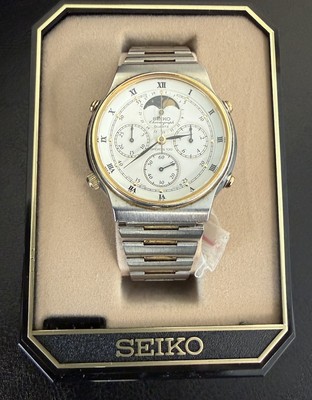 Seiko Chronograph Quartz Moon Phase Men's Watch Silver Gold Roman Numerals
