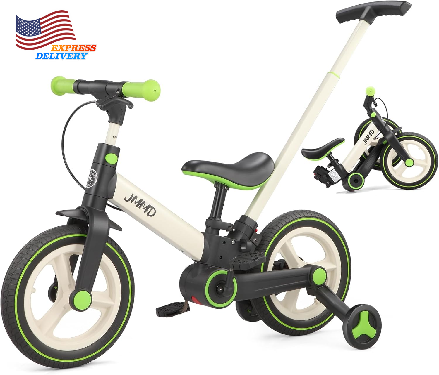 Toddler Bike with Push Handle 6 in 1 Foldable Pedals Brakes Kickstand