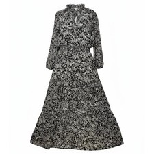NEW Altar'd State MEDIUM Black Floral Midi Dress Smocked Waist Long Sleeve