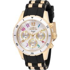 Invicta Women's Watch Angel Quartz White Dial Black and Yellow Gold Strap 49803