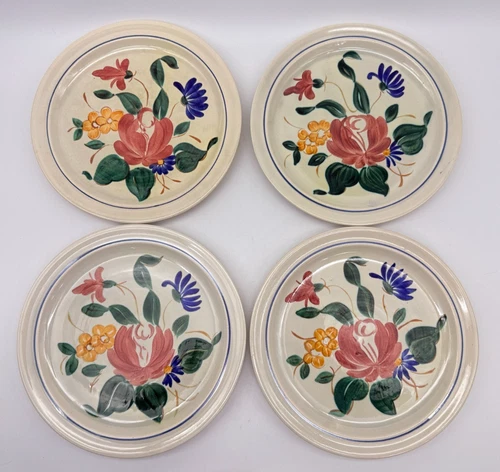 Set of 4 RED WING Orleans 10-1/8" Dinners Plates Orleans Red Floral Blue Rim