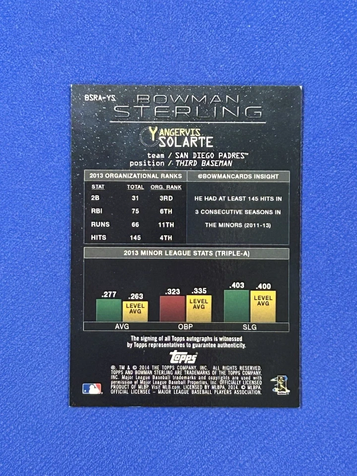 2014 Bowman Sterling Rookie Auto Yangervis Solarte #BSRA-YS RC Padres autograph - Image 2 of 3