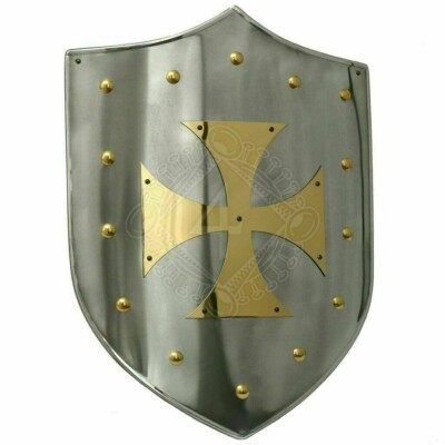 Medieval Shield 18 Inch With Brass Templar Cross Knight Armor Shield LARP SCA