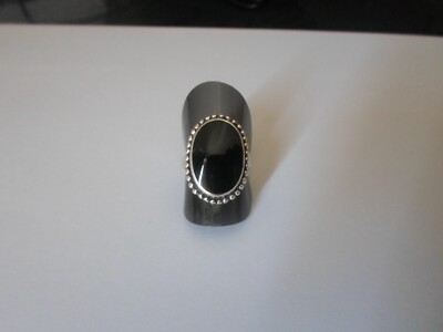 Bague Argent Massif Avec Cabochon Noir (hématite) - Taille 53, Contour Feuilles, Occasion
