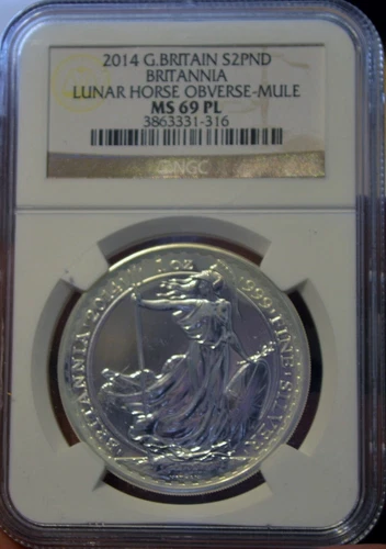 2014 SILVER GREAT BRITAIN 2 POUND BRITANNIA NGC MS 69 PL LUNAR HORSE OBV MULE