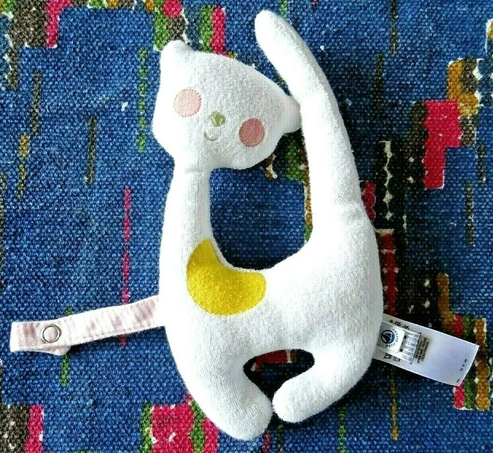 GB / DOUDOU PELUCHE CHAT PETIT BATEAU BLANC JAUNE ATTACHE TETINE ROSE 22 CM TTBE - Photo 1/1
