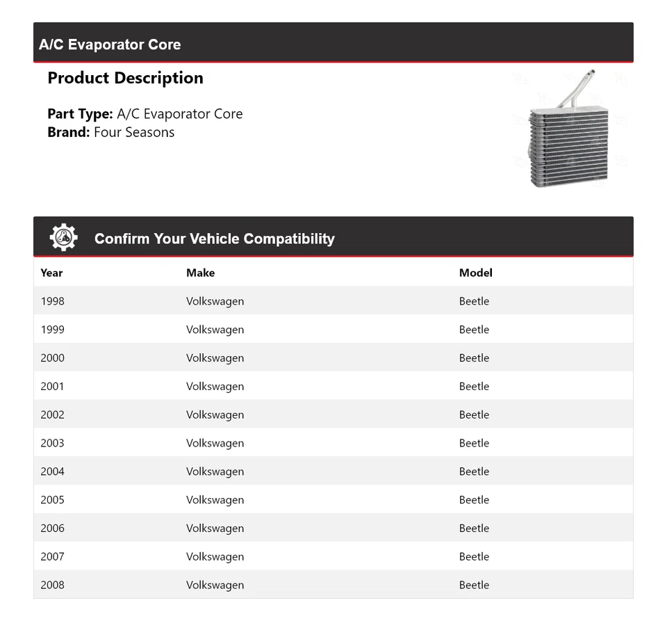 Núcleo evaporador aire acondicionado Volkswagen Beetle 1998-2008 4 estaciones 1999 2000 2001 Foto 2 de 4