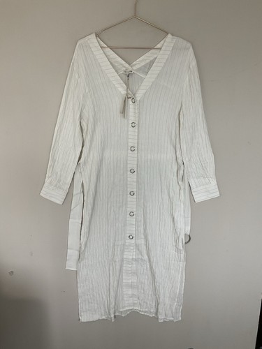 Anthropologie white shirt dress size XS belted button front pin striped - Picture 4 of 13