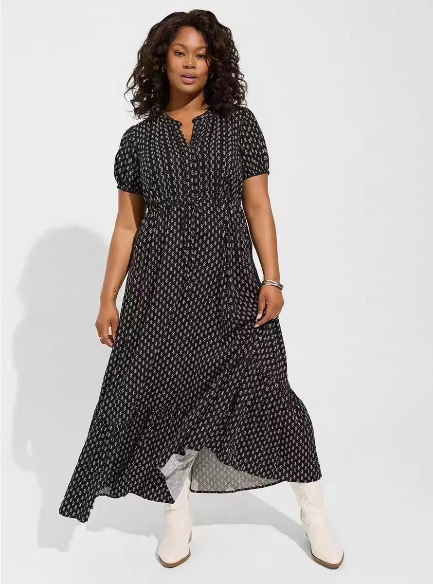 Brand New Torrid Maxi Stretch Challis Pintuck Tiered Dress Vic Motif