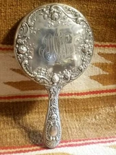ANTIQUE GORHAM STERLING SILVER FANCY ART NOUVEAU ROSE REPOUSEE' HAND MIRROR