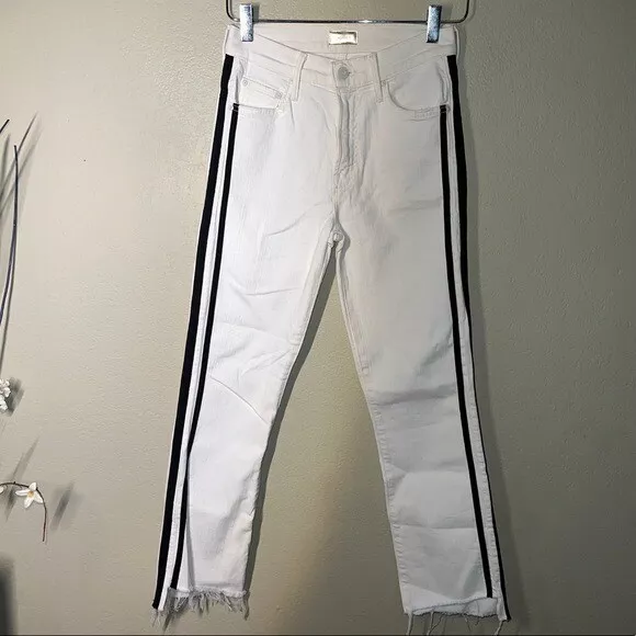 MOTHER Denim The Insider Crop Step Fray Cream Black Stripe Jean