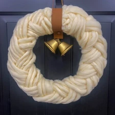 16.5" White Cable Knit & Bell Wreath By Broyhill, Christmas Winter Hanging Decor