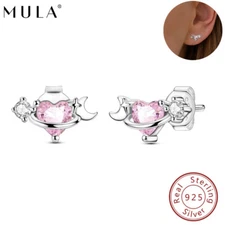 MULA European Pink AAA CZ Planet Stud 925 Sterling Silver Earrings Women Jewelry