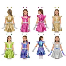 Girls Dress Padded Shoulder Alien Costume Iridescent Cosplay Costume Halloween