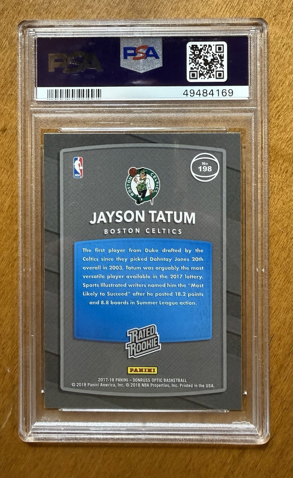 2017 Optic #198 Jayson Tatum RC PSA 10 view 4