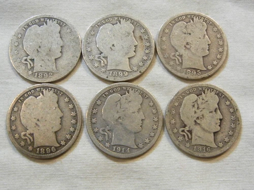 barber quarter dollar silver US coin collection lot of 6