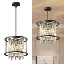 Modern Foyer Chandelier, Black Crystal Chandelier Entryway Pendant Light Fixt...