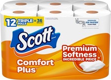 Scott ComfortPlus Toilet Paper, 12 Triple Rolls, 231 Sheets per Roll, Septic-Saf