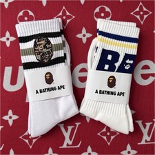 A Bathing Ape Men's Crew Socks White Striped Pattern Logo Theme 2 Pairs