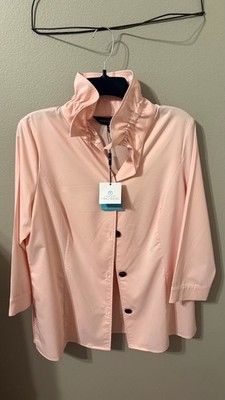 $195 MING WANG Ruffle Collar Cotton Button-up Shirt In Blush Pink Size M