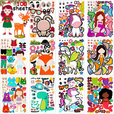100 Pack DIY Make Your Own Animal Face Stickers - 25 Designs, Funny Mermaid Prin
