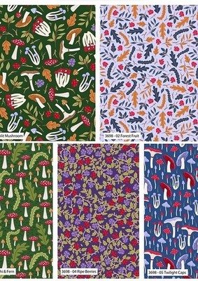Baumwollstoff Einbruch der Dunkelheit Wald Pilz Funghi Farn Blätter Beeren Fliegenpilz 45''