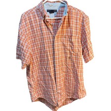 Tommy Hilfiger Men's Orange Plaid Short Sleeve Button Up Shirt Size M
