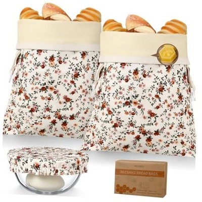 3 Pcs Reusable Beeswax Bread Bags and Bowl Cover for Homemade Vintage flower