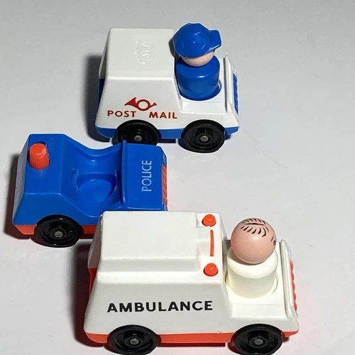 Vintage Fisher Price Little People Lot Cop Ambulance Mailman Vehicles Figures