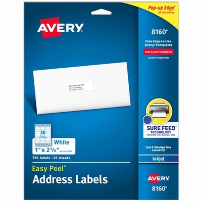 Avery 1'' x 2-5/8'' Address Labels - 8160 White, 750 Labels, Smudge-Resistant 
