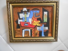 PICASSO THREE MUSICIAN'S REPRODUCTION SIGNED FRAMED PAINTING  8" X 10"