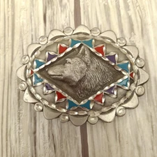 Vtg Great American Products Belt Buckle Pewter Wolf Enamel Oval Western 90s GAP