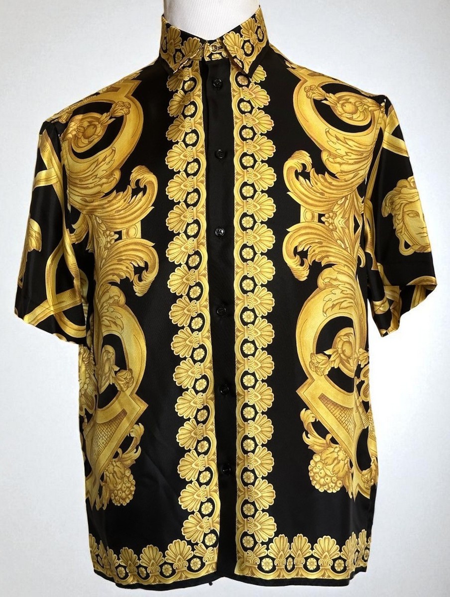 NWT $1750 Versace Heritage Silk Short Sleeve Shirt Black & Gold