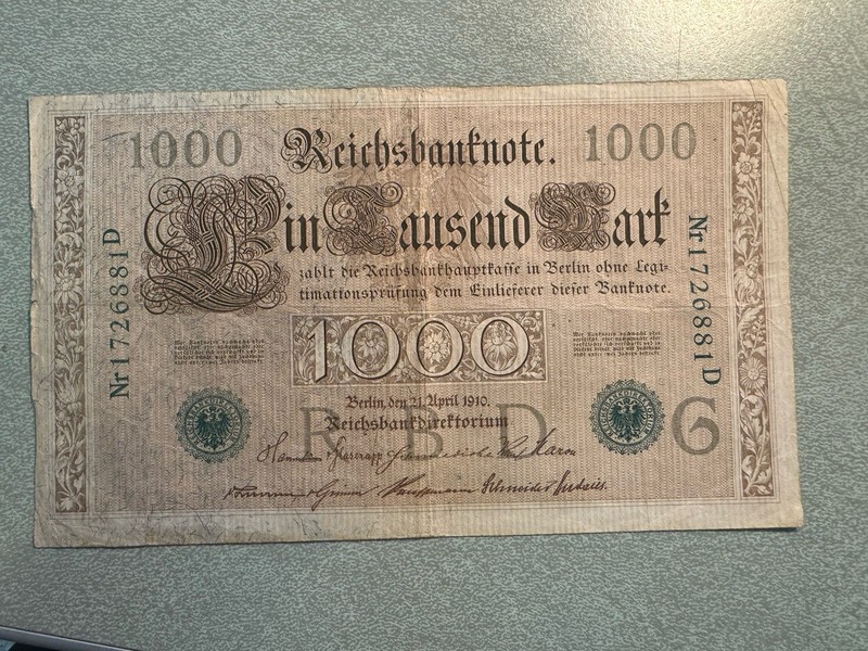 1910 German Empire 1000 Mark banknote - Green Seal