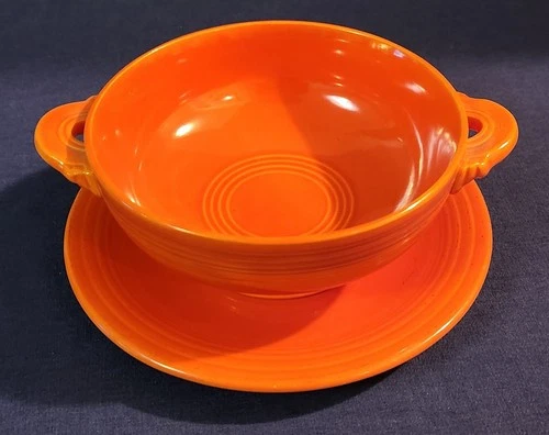 Vintage Fiesta Ware Orange Red Cream Soup Bowl and Plate Set Genuine Made in USA