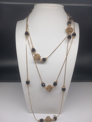 The Limited Gold Tone Filigree Ball Beads Black crystals Stations Necklace 