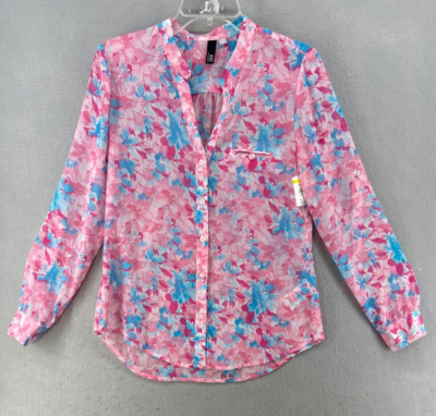 KUT from the Kloth Shirt Womens Sz XS Pink Blue Floral Top Sheer Roll Tab Sleeve