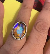 Retro Hammered Silver W/ Topaz Crystal Cabochon Ring - adjustable band - Size 7