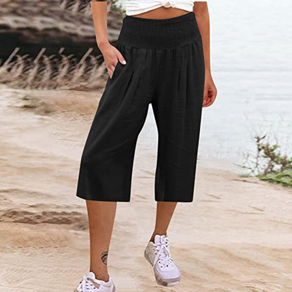 Linen Trousers Ladies Black Three Quarter Length Trousers Womens