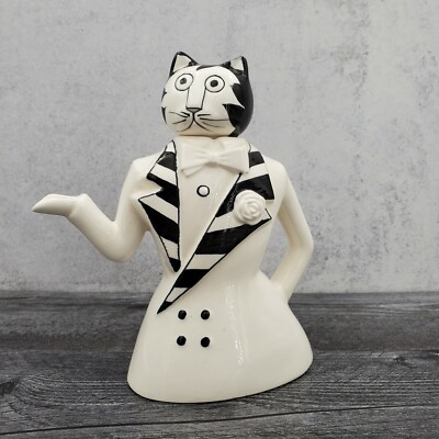 Vintage Ceramic Painted Tuxedo Black White Cat Teapot Pitcher