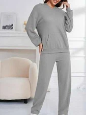 Women's Waffle Knit Hoodie Lounge Set With Front Pocket And Relaxed Fit Pants