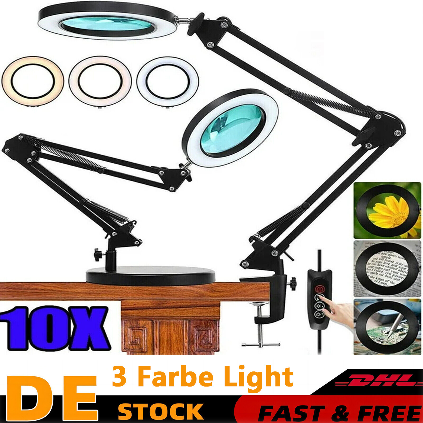 10X Dioptrien Arbeitsleucht 72LED Lupenlampe mit Clip Basis Lupe Tischlampe