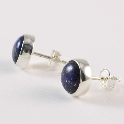 Sterling Silver 925 Round Navy Blue Lapis Lazuli Handmade Stud Earrings - 9mm - Picture 2 of 10
