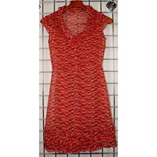 Vintage Midi Dress Size S/M 90s Rusty Red Black White Waves Sheer Over Slip