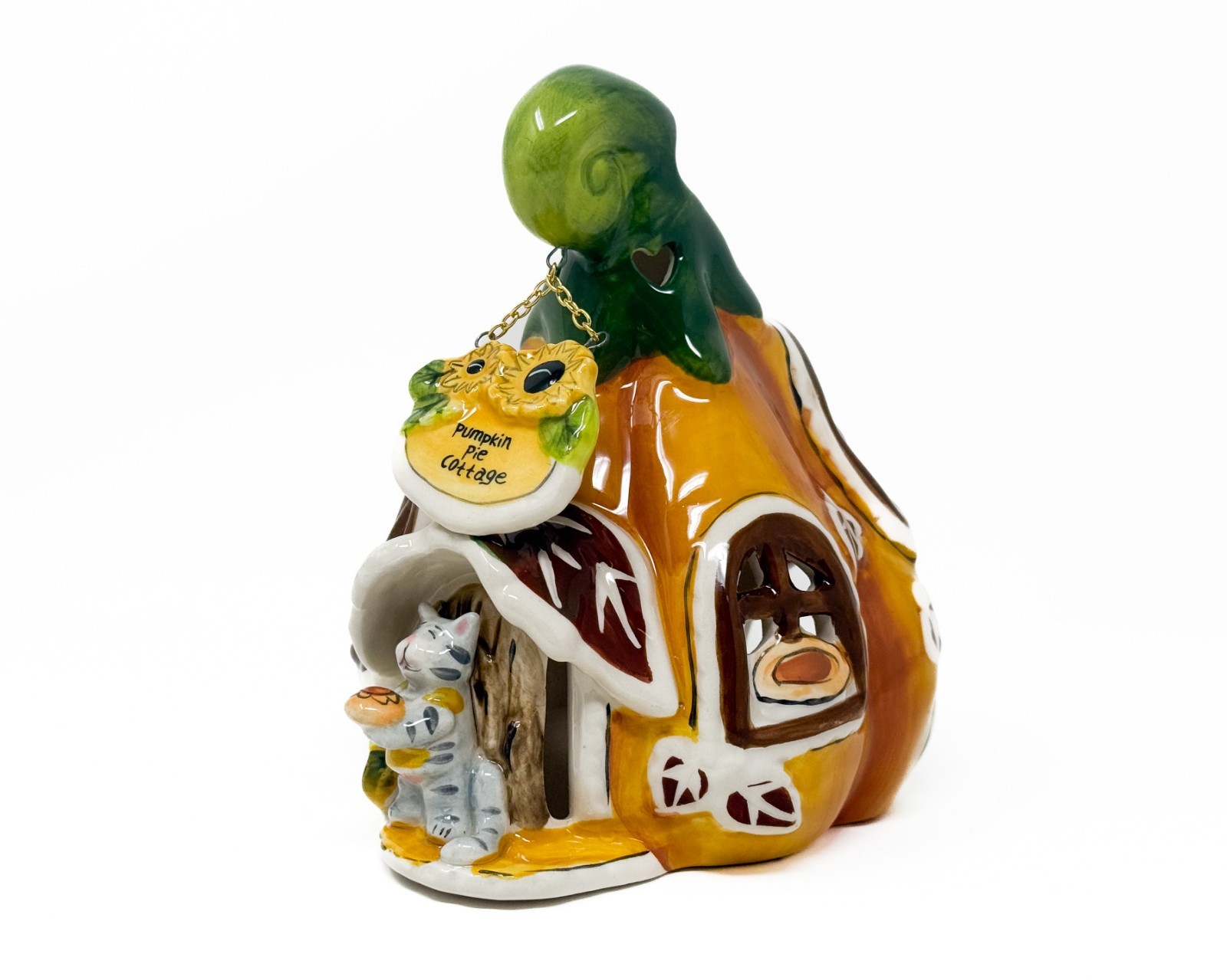 Blue Sky Clayworks Pumpkin Pie Cottage Tealight House Cat Figurine Fall Decor