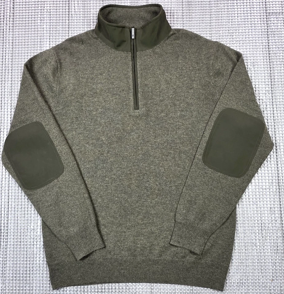 Orvis Sweater Mens M Wool Cashmere Blend Olive 1/4 Zip Elbow Patch Pullover - Image 2 of 4