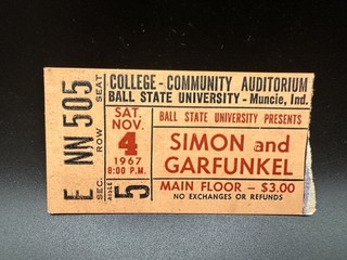 1967 SIMON & GARFUNKEL CONCERT TICKET COMMUNITY AUDITORIUM BALL STATE NOV. 4