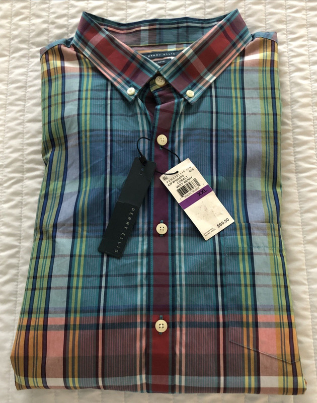 Perry Ellis Mens Slim Fit  Button Up NWT Blue Green Yellow Pink L/Sleeve Sz XXL