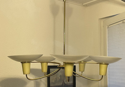 5 Arm Mid Century Sputnik Kronleuchter Stilnovo Style 1950s Messing Opalglas